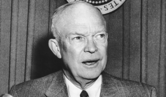 President Eisenhower speaks on a closed circuit television broadcast from Washington, D.C., on Feb. 18, 1955.