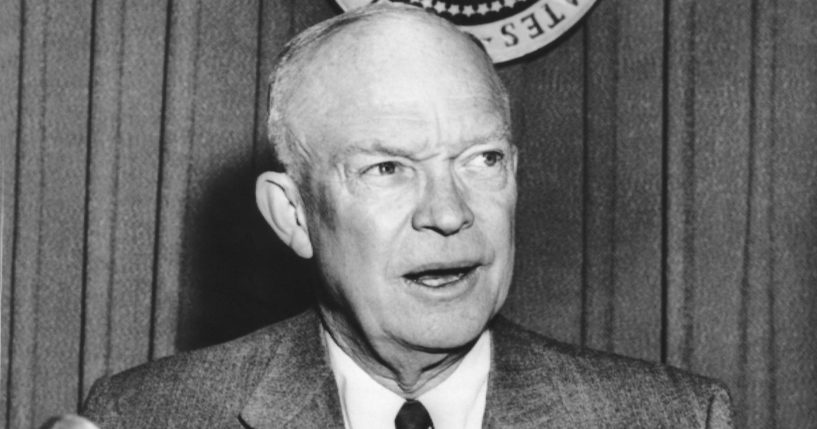 President Eisenhower speaks on a closed circuit television broadcast from Washington, D.C., on Feb. 18, 1955.