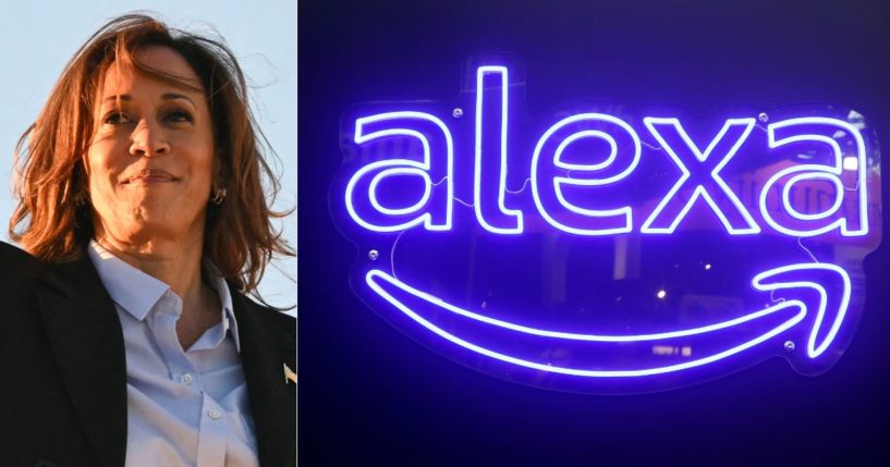 Amazon’s Alexa devices, right, have been caught with an “error” that endorses Vice President Kamala Harris, left.