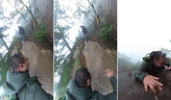 The man was hiking with his son on slippery terrain, left, when he lost his footing, center, and slid rapidly down the steep slope, right.