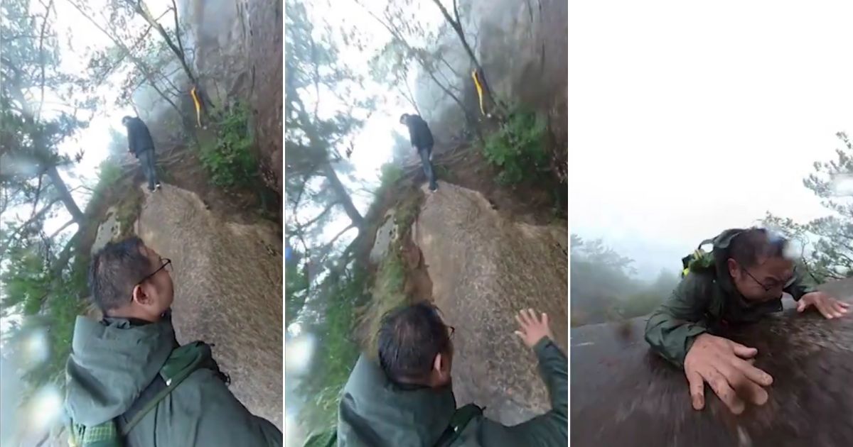 The man was hiking with his son on slippery terrain, left, when he lost his footing, center, and slid rapidly down the steep slope, right.