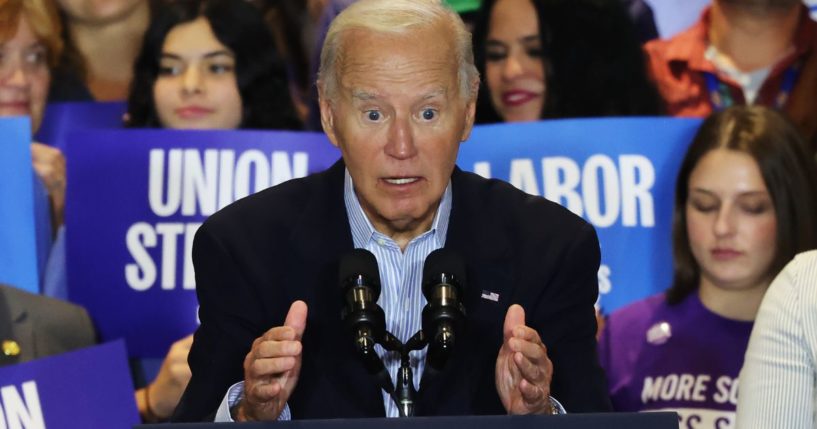 President Joe Biden speaks during a campaign event for Democratic presidential nominee and Vice President Kamala Harris In Pittsburgh, Pennsylvania, on Monday.