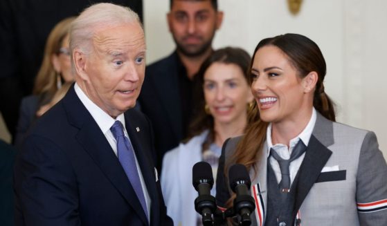 President Joe Biden delivers remarks alongside NJ/NY Gotham FC 2023 captain Ali Krieger during a ceremony honoring their 2023 National Women's Soccer League champions at the White House in Washington, D.C., on Monday.