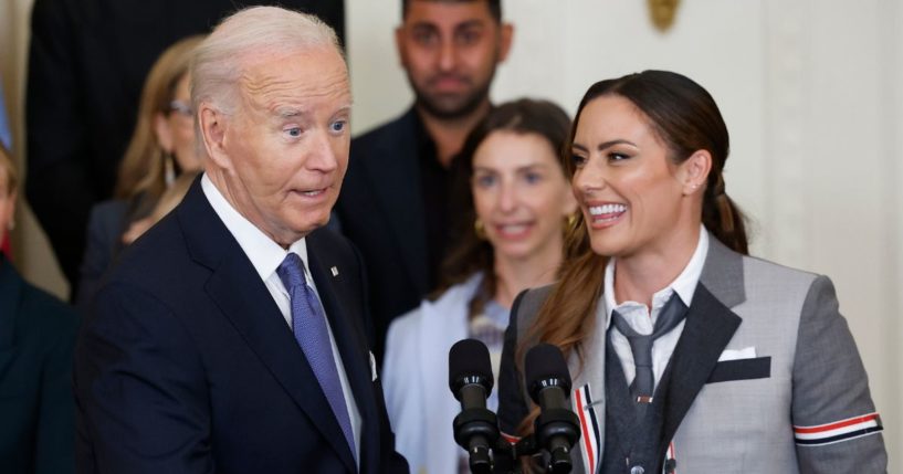 President Joe Biden delivers remarks alongside NJ/NY Gotham FC 2023 captain Ali Krieger during a ceremony honoring their 2023 National Women's Soccer League champions at the White House in Washington, D.C., on Monday.