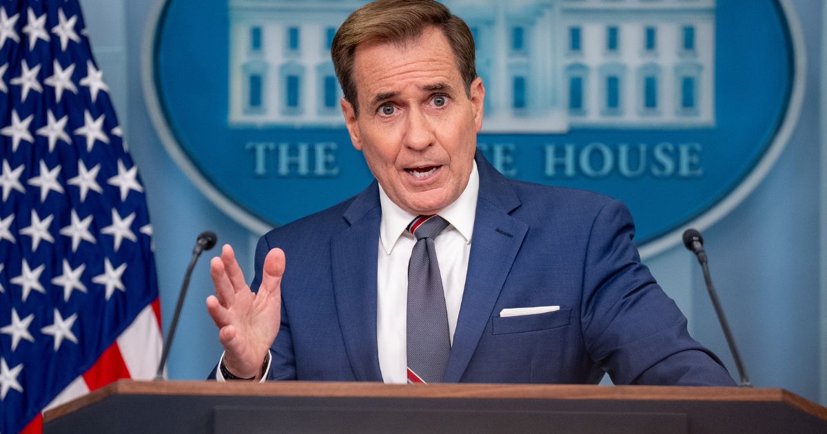 White House National Security Council communications adviser John Kirby speaks during a news conference in the Brady Press Briefing Room at the White House on Monday.