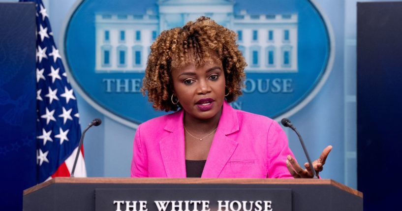 White House press secretary Karine Jean-Pierre speaks during a news conference in the Brady Press Briefing Room at the White House in Washington, D.C., on Thursday.