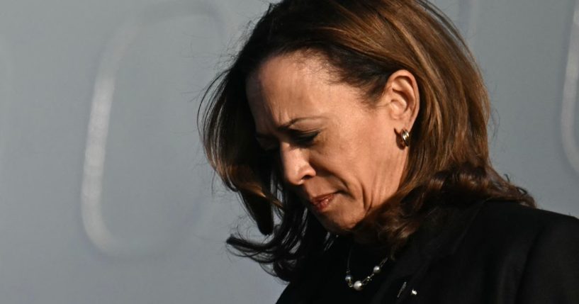 Vice President Kamala Harris steps off Air Force Two upon arrival at Philadelphia International Airport in Philadelphia, Pennsylvania, on Monday.