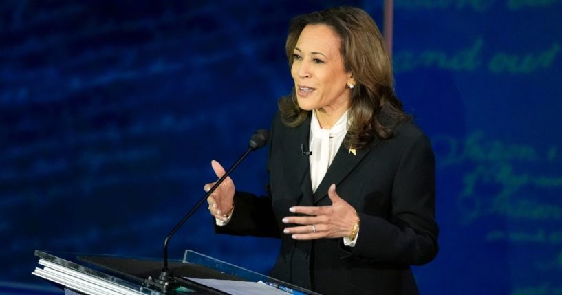 Vice President Kamala Harris speaks onstage during her debate against former President Donald Trump in Philadelphia, Pennsylvania, on Tuesday.