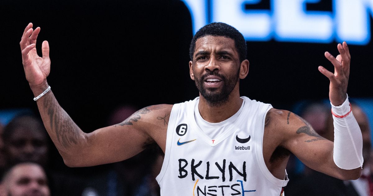 Kyrie Irving #11 of the Brooklyn Nets reacts to a call during the fourth quarter of the the game against the New York Knicks at Barclays Center on January 28, 2023, in New York City.