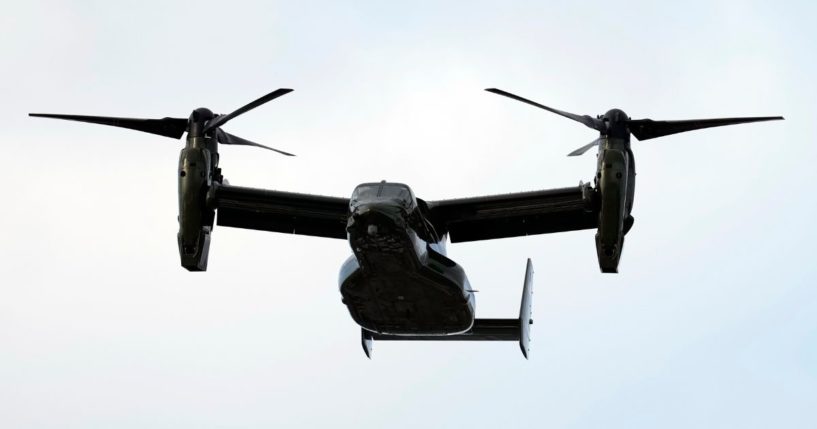 An Osprey aircraft flies over the stadium during a fly over before a baseball game between the Washington Nationals and the Boston Red Sox in Washington, D.C., on Aug. 16, 2023.