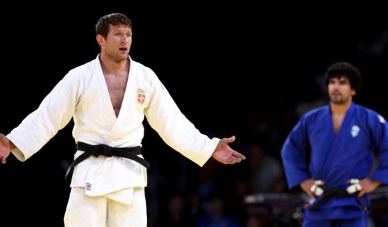 Nemanja Majdov of Team Serbia reacts during the Men's -90kg Elimination Round of 16 match between Nemanja Majdov of Team Serbia and Theodoros Tselidis of Team Greece on day five of the Olympic Games Paris 2024 at Champs-de-Mars Arena on July 31, 2024 in Paris, France.