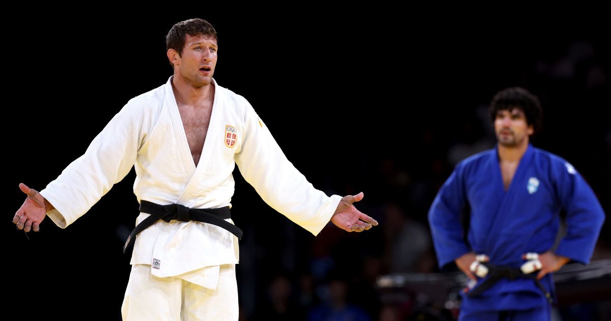 Nemanja Majdov of Team Serbia reacts during the Men's -90kg Elimination Round of 16 match between Nemanja Majdov of Team Serbia and Theodoros Tselidis of Team Greece on day five of the Olympic Games Paris 2024 at Champs-de-Mars Arena on July 31, 2024 in Paris, France.