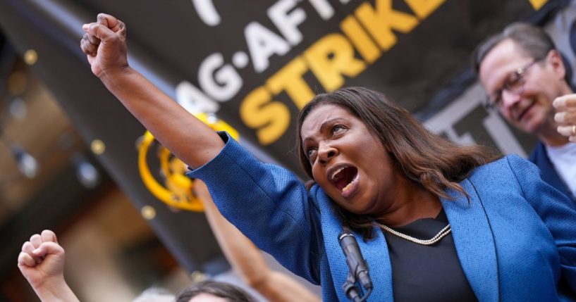 New York State Attorney General Letitia James joins SAG-AFTRA and WGA members on strike on September 14, 2023 in New York City.