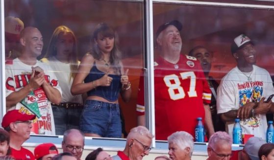 Taylor Swift in a box at a Kansas City Chiefs game.