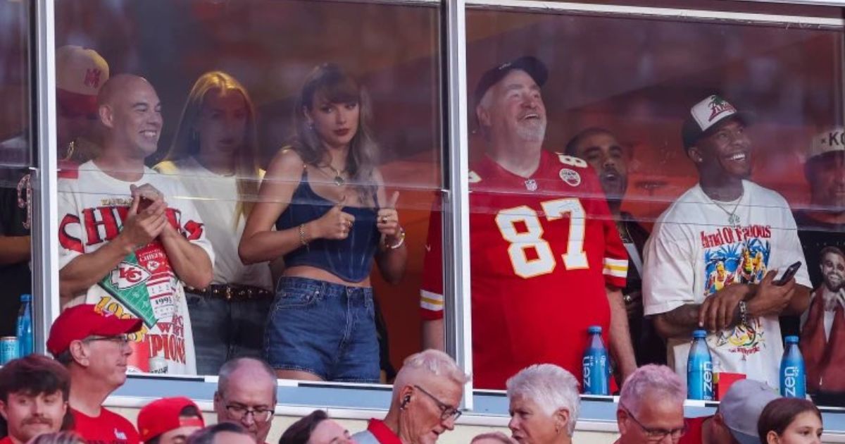 Taylor Swift in a box at a Kansas City Chiefs game.