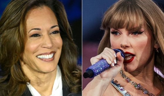 This combination of pictures created on September 10, 2024 showsUS Vice President and Democratic presidential candidate Kamala Harris smiles during a presidential debate with former US President and Republican presidential candidate Donald Trump at the National Constitution Center in Philadelphia, Pennsylvania, on September 10, 2024. American singer and songwriter Taylor Swift performs on stage as part of her Eras Tour in Lisbon on May 24, 2024..