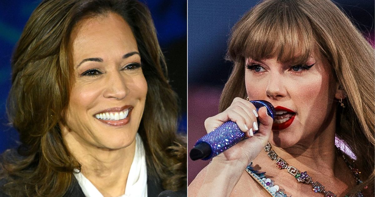 This combination of pictures created on September 10, 2024 showsUS Vice President and Democratic presidential candidate Kamala Harris smiles during a presidential debate with former US President and Republican presidential candidate Donald Trump at the National Constitution Center in Philadelphia, Pennsylvania, on September 10, 2024. American singer and songwriter Taylor Swift performs on stage as part of her Eras Tour in Lisbon on May 24, 2024..