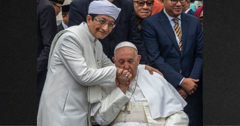 Pope Francis and Grand Imam of Istiqlal Mosque Nasaruddin Umar pose for a picture in front of the Istiqlal Mosque on Sept. 5 in Jakarta, Indonesia.