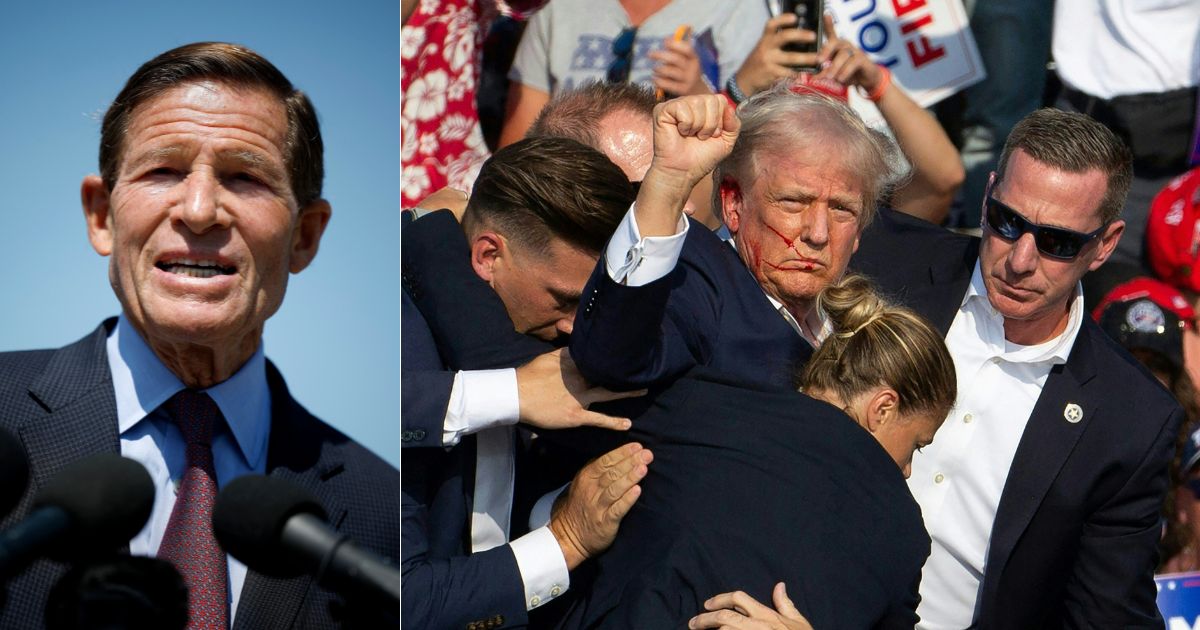 After a Senate Homeland Security and Governmental Affairs Committee meeting with acting Secret Service Director Ronald Rowe on Thursday, Sen. Richard Blumenthal, left, claimed Americans will be "shocked" at the failures that led to the July 13 assassination attempt of former President Donald Trump, right.