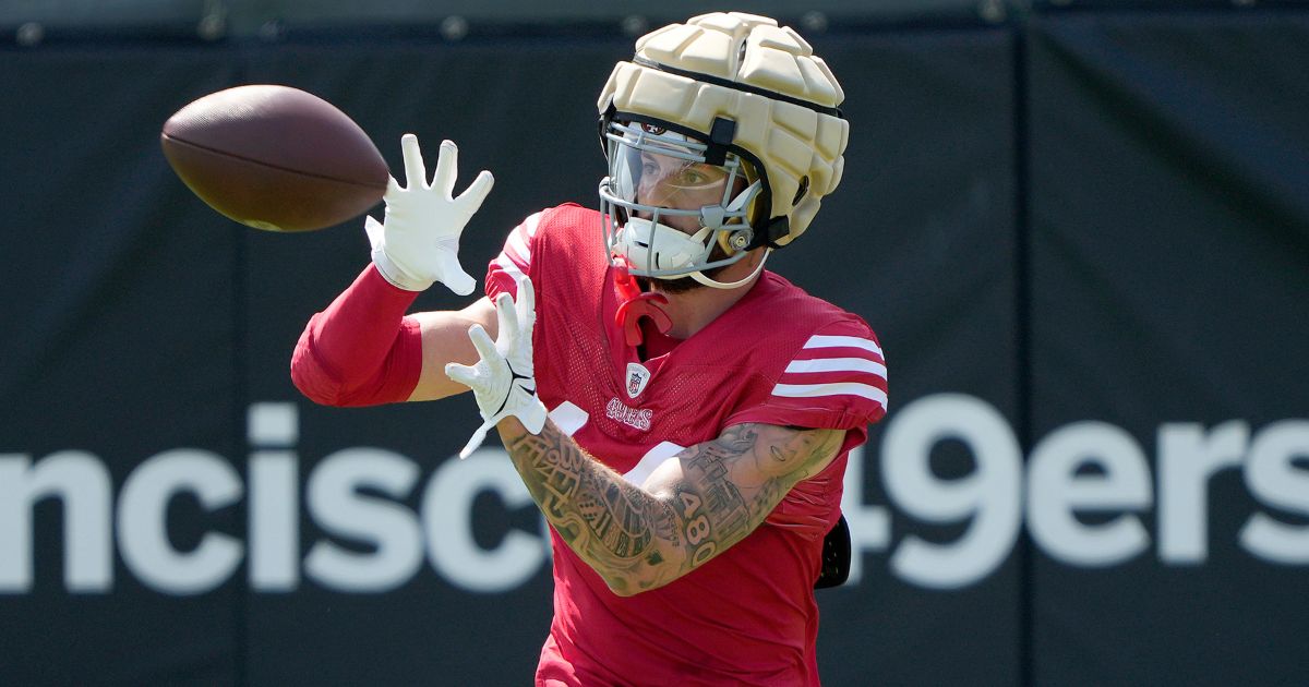 Ricky Pearsall of the San Francisco 49ers works out during training camp at SAP Performance Facility in Santa Clara, California, on July 29.