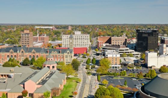 An aerial view shows downtown Springfield, Ohio, including City Hall. The city has become of focus for the conversation on immigration across the country.