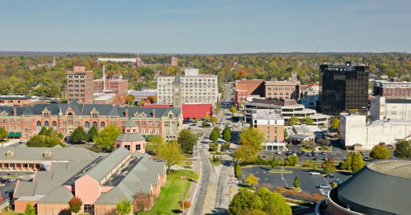 An aerial view shows downtown Springfield, Ohio, including City Hall. The city has become of focus for the conversation on immigration across the country.