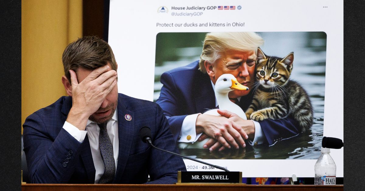 Democratic Rep. Eric Swalwell of California reacts to a committee's tweet utilizing A.I. generated imagery of Republican presidential nominee Donald Trump during a House Judiciary Committee hearing on the Southern U.S. Border on Tuesday in Washington, D.C.