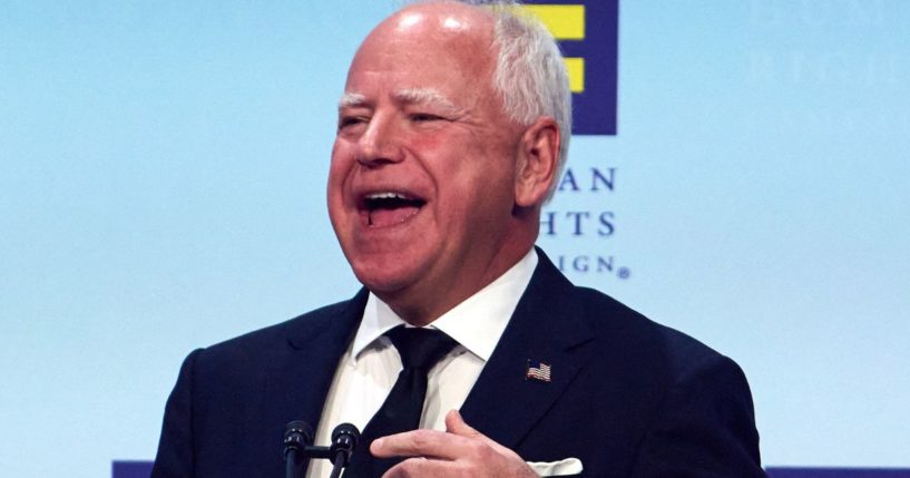 Democratic vice presidential candidate Tim Walz delivers the keynote address at the 2024 Human Rights Campaign's National Dinner in Washington D.C., on Sept. 7.