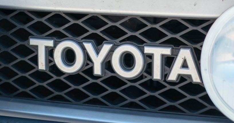 The logo for the Toyota automotive company is pictured on the front of an offroad vehicle in San Ramon, California, on Aug. 18.