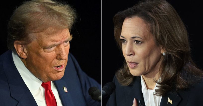 Former President Donald Trump, left, speaks while Vice President Kamala Harris, right, reacts during the presidential debate in Philadelphia, Pennsylvania, on Tuesday.