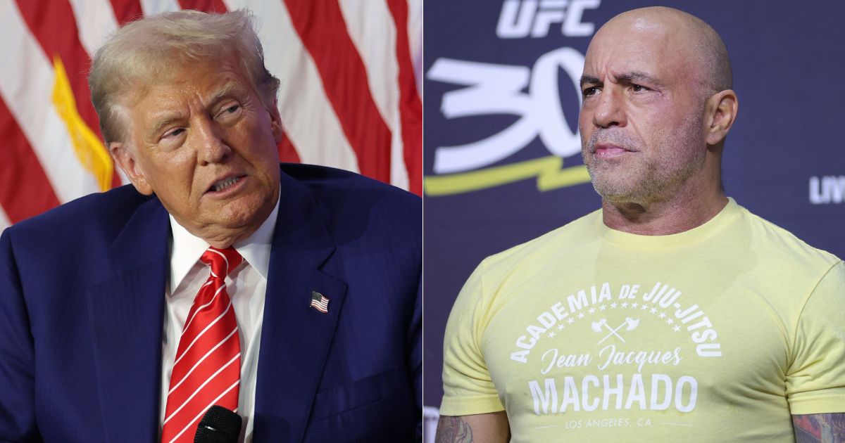 During a Tuesday podcast, former President Donald Trump, left, said their was no tension between him and Joe Rogan, right. But the chances of Trump appearing as a guest on "The Joe Rogan Experience" are probably very slim.