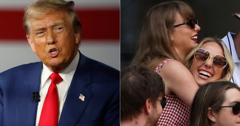 Following the presidential debate on Tuesday, pop star Taylor Swift, center, endorsed Vice President Kamala Harris. On Wednesday, former President Donald Trump, left, addressed the endorsement, claiming he preferred Brittany Mahomes, right.