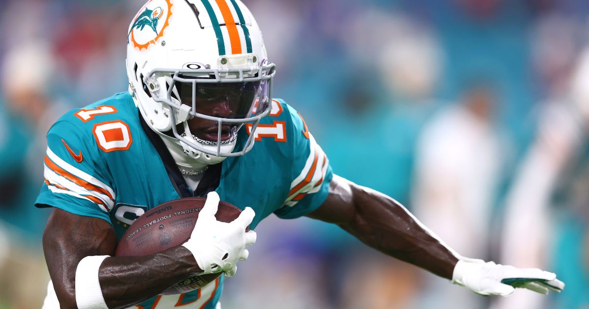 Tyreek Hill of the Miami Dolphins warms up prior to the game against the Buffalo Bills in Miami Gardens, Florida, on Thursday.