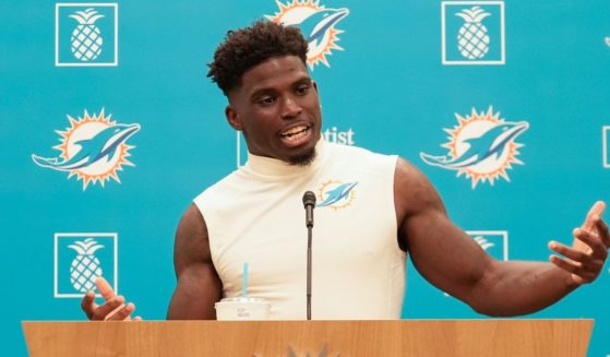 Miami Dolphins wide receiver Tyreek Hill speaks to journalists following a team practice, Wednesday in Miami Gardens, Florida.