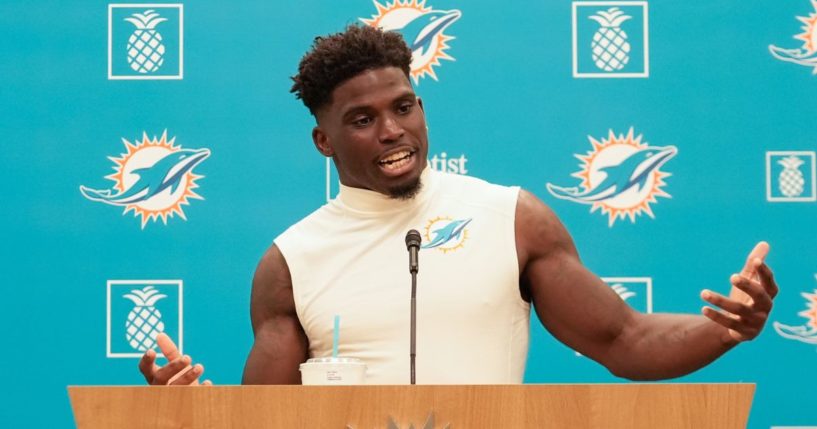 Miami Dolphins wide receiver Tyreek Hill speaks to journalists following a team practice, Wednesday in Miami Gardens, Florida.