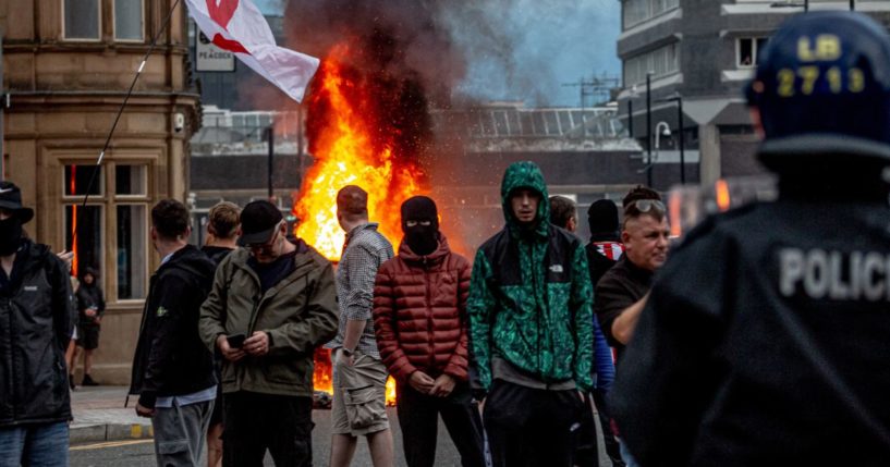 Far-right activists hold an 'Enough is Enough' protest on August 02, 2024 in Sunderland, England. After the murders of three girls in Southport earlier this week, misinformation spread via social media and fueled acts of violent rioting from far-right actors across England. While they prefer to be called 'concerned parents', their actions point to racial hatred with a particular focus on Islamophobia thus targeting mosques.