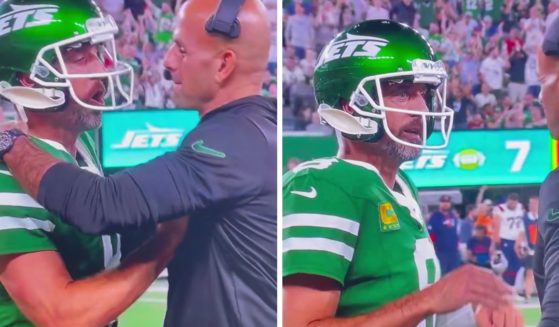 These X screen shots show New York Jets quarterback Aaron Rodgers (L) and Jets head coach Robert Saleh (R) on the sidelines of a Sept. 19 game against the New England Patriots.