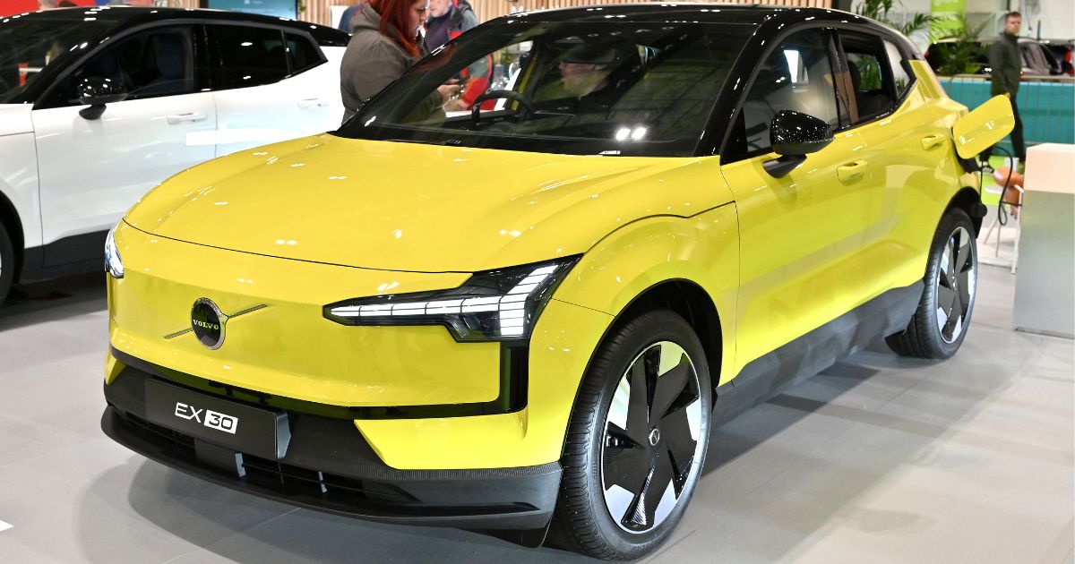 A Volvo EX30 fully electric EV Car is displayed during the Everything Electric London 2024 at ExCel on March 28 in London, England.