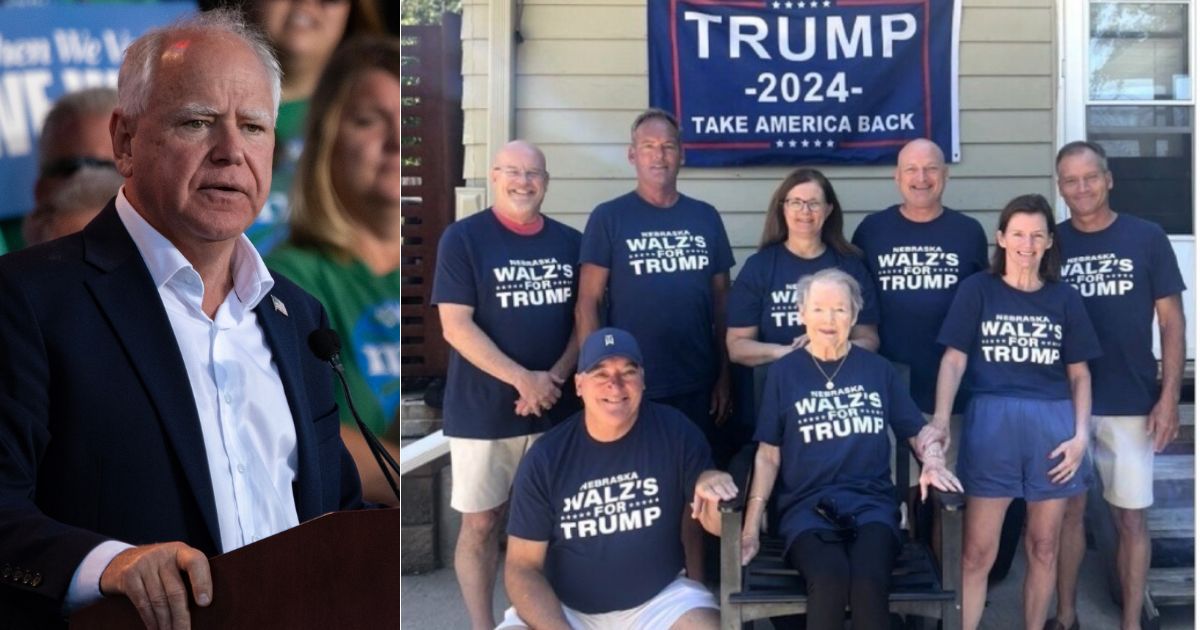 Family members, right, of Minnesota Gov. and Democratic vice presidential candidate Tim Walz, left, take a picture showing their support for Republican presidential candidate and former President Donald Trump.