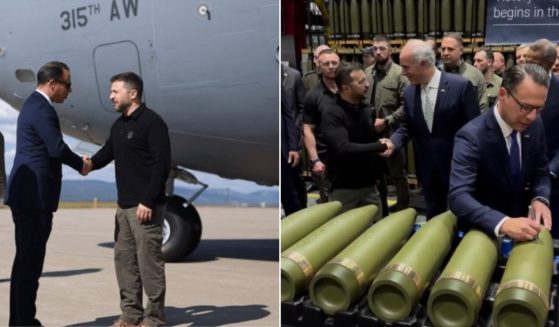 Ukranian President Volodymyr Zelenskyy is greeted by Pennsylvania Gov. Josh Shapiro, left, after stepping off a U.S. Air Force C-17. At right, Zelenskyy greets another official while Shapiro writes a message on a bomb in a Scranton munitions factory.