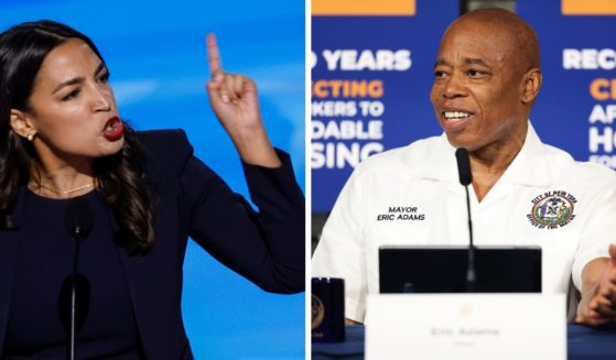 (L) Rep. Alexandria Ocasio-Cortez (D-NY) speaks onstage during the first day of the Democratic National Convention at the United Center on August 19, 2024 in Chicago, Illinois. (R) Mayor Eric Adams holds an in-person media availability along with members of his staff at City Hall on July 30, 2024 in New York City.