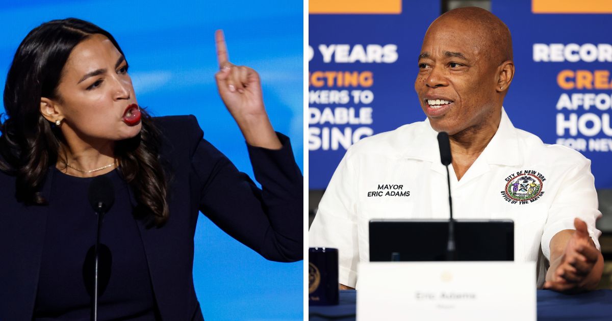 (L) Rep. Alexandria Ocasio-Cortez (D-NY) speaks onstage during the first day of the Democratic National Convention at the United Center on August 19, 2024 in Chicago, Illinois. (R) Mayor Eric Adams holds an in-person media availability along with members of his staff at City Hall on July 30, 2024 in New York City.