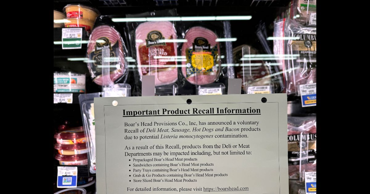 A recall notice is posted next to Boar's Head meats that are displayed at a Safeway store on July 31, 2024 in San Rafael, California.