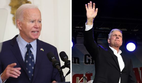 (L) U.S. President Joe Biden delivers remarks during an event on gun violence in the East Room of the White House September 26, 2024 in Washington, DC. (R) Rev. Franklin Graham waves to attendees during Franklin Graham's "Decision America" California tour at the Stanislaus County Fairgrounds on May 29, 2018 in Turlock, California.