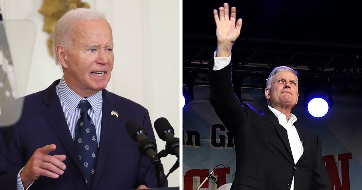 (L) U.S. President Joe Biden delivers remarks during an event on gun violence in the East Room of the White House September 26, 2024 in Washington, DC. (R) Rev. Franklin Graham waves to attendees during Franklin Graham's "Decision America" California tour at the Stanislaus County Fairgrounds on May 29, 2018 in Turlock, California.