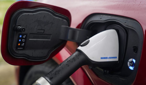 A 2023 Ford Mustang Mach-E charges at an electric vehicle charging station in London, Ohio, on March 8.