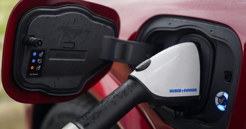 A 2023 Ford Mustang Mach-E charges at an electric vehicle charging station in London, Ohio, on March 8.