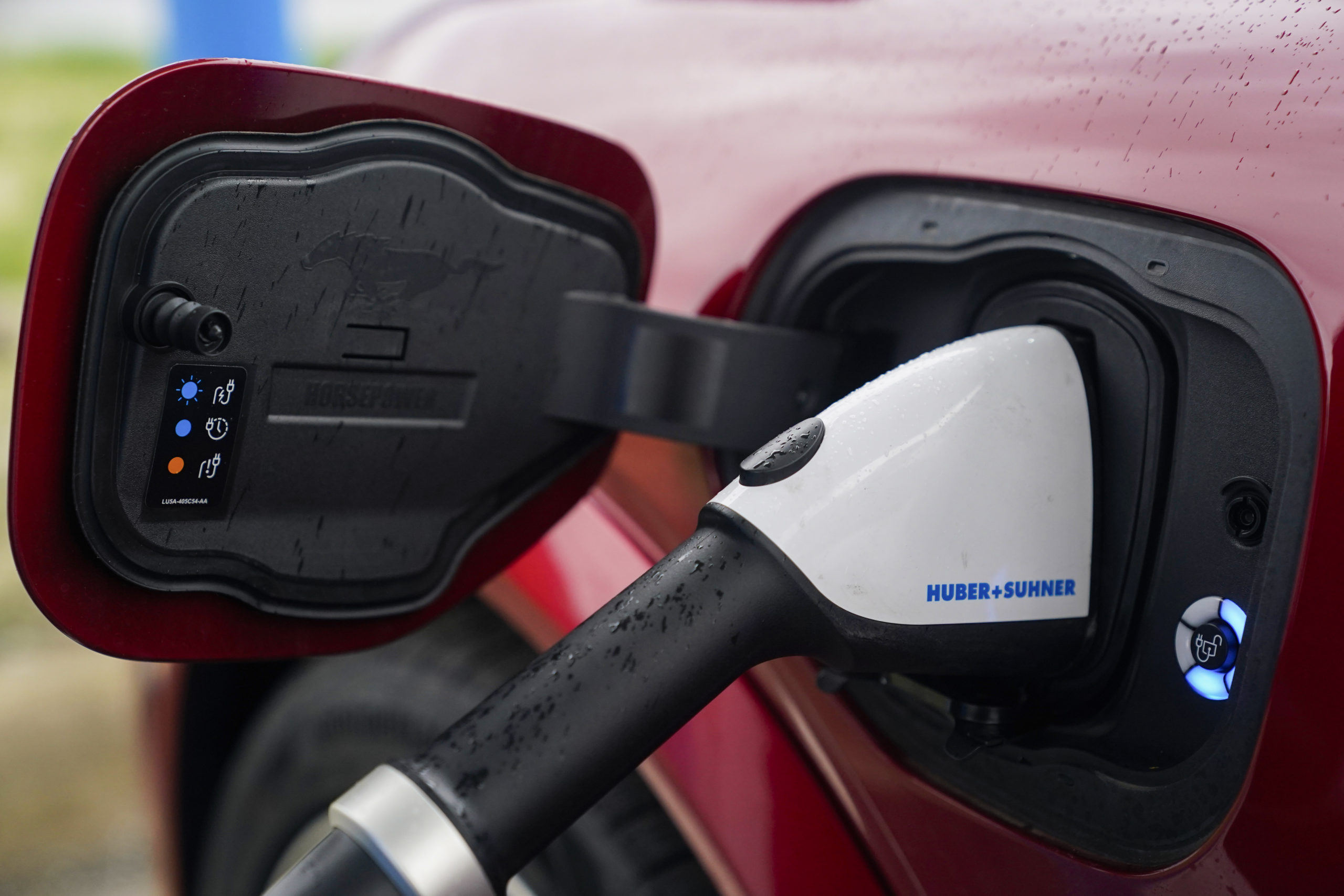 A 2023 Ford Mustang Mach-E charges at an electric vehicle charging station in London, Ohio, on March 8.