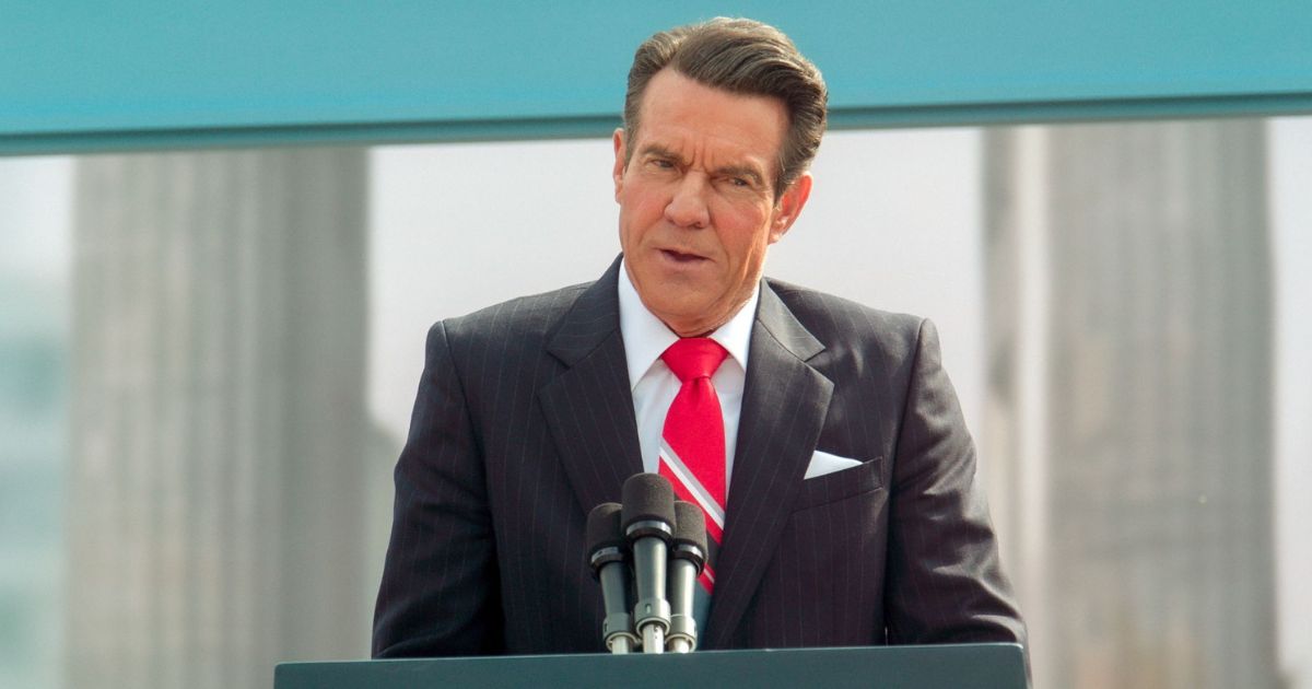 Dennis Quaid as Ronald Reagan giving a speech at Brandenburg Gate in the film “Reagan.”