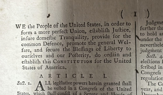 CORRECTS NAME TO BRUNK AUCTIONS - Part of an 1787 copy of the U.S. Constitution that will be put up for auction on September 28, 2024 is shown at Brunk Auctions in Asheville, North Carolina, on Thursday.